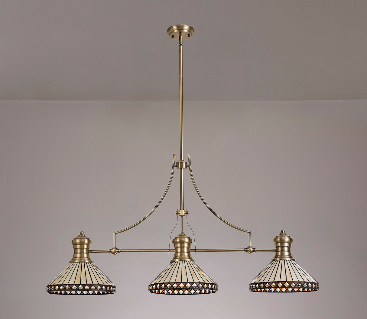 Wearne 3 Light Linear Pendant E27 With 30cm Tiffany Shade, Antique Brass, Amber, Cream, Crystal