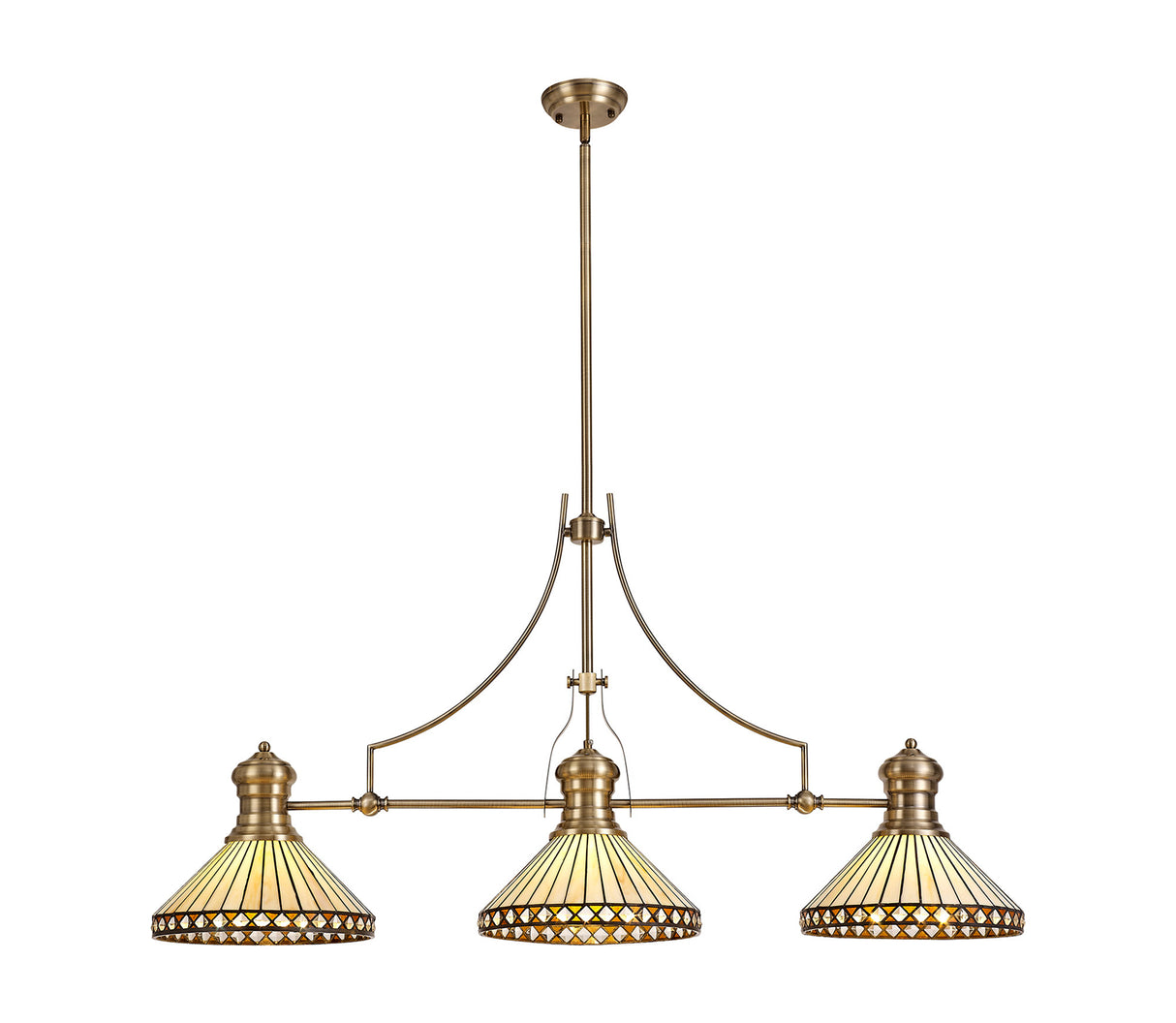 Wearne 3 Light Linear Pendant E27 With 30cm Tiffany Shade, Antique Brass, Amber, Cream, Crystal