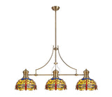 Hinnigan 3 Light Linear Pendant E27 With 30cm Tiffany Shade, Antique Brass, Blue, Orange, Crystal