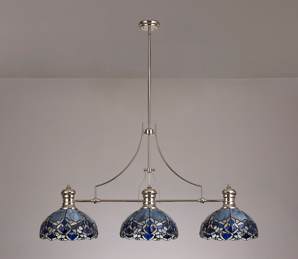 Siddall 3 Light Linear Pendant E27 With 30cm Tiffany Shade, Polished Nickel, Blue, Clear Crystal