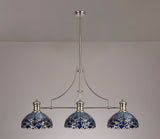 Siddall 3 Light Linear Pendant E27 With 30cm Tiffany Shade, Polished Nickel, Blue, Clear Crystal