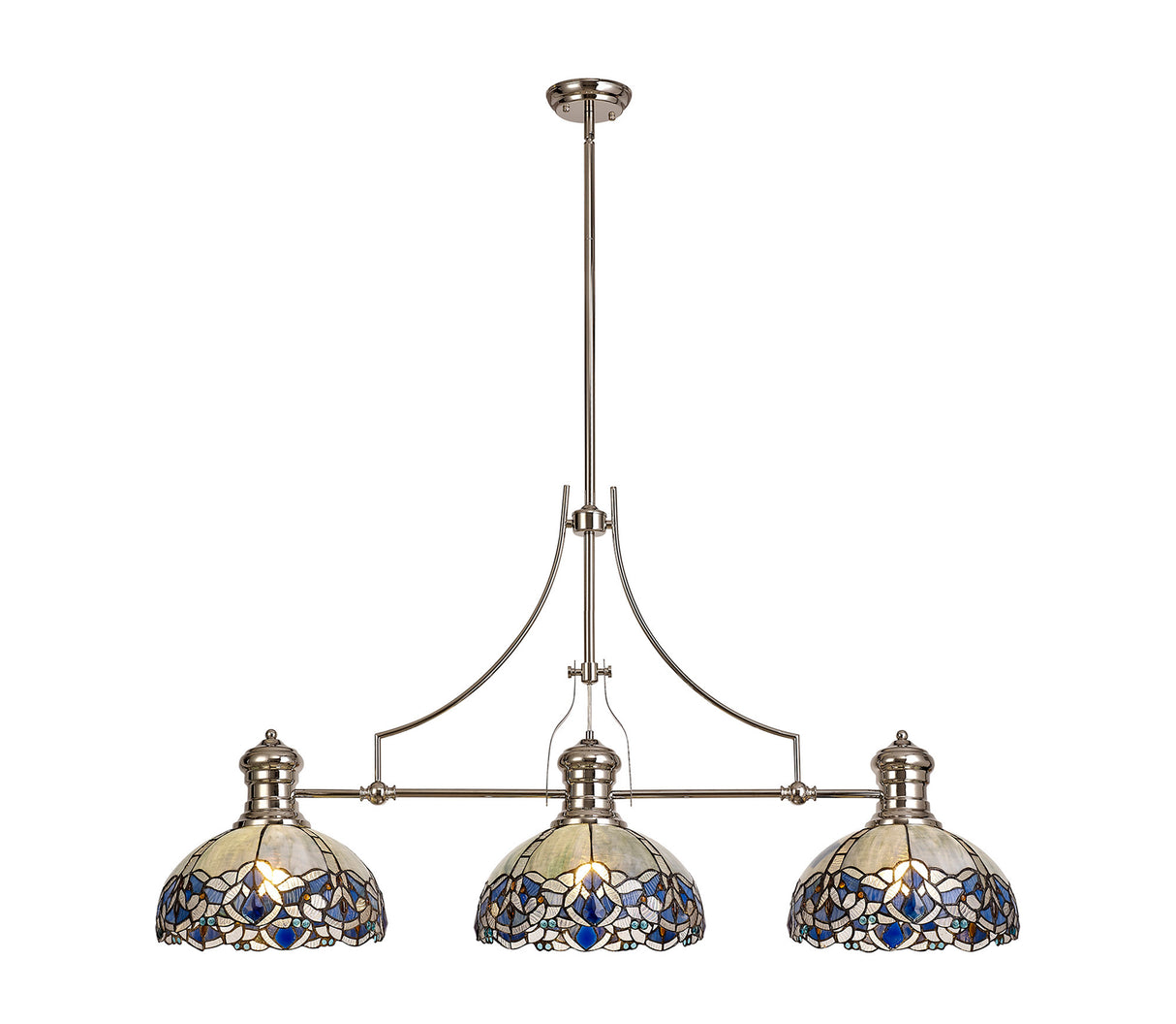 Siddall 3 Light Linear Pendant E27 With 30cm Tiffany Shade, Polished Nickel, Blue, Clear Crystal