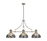 Siddall 3 Light Linear Pendant E27 With 30cm Tiffany Shade, Polished Nickel, Blue, Clear Crystal