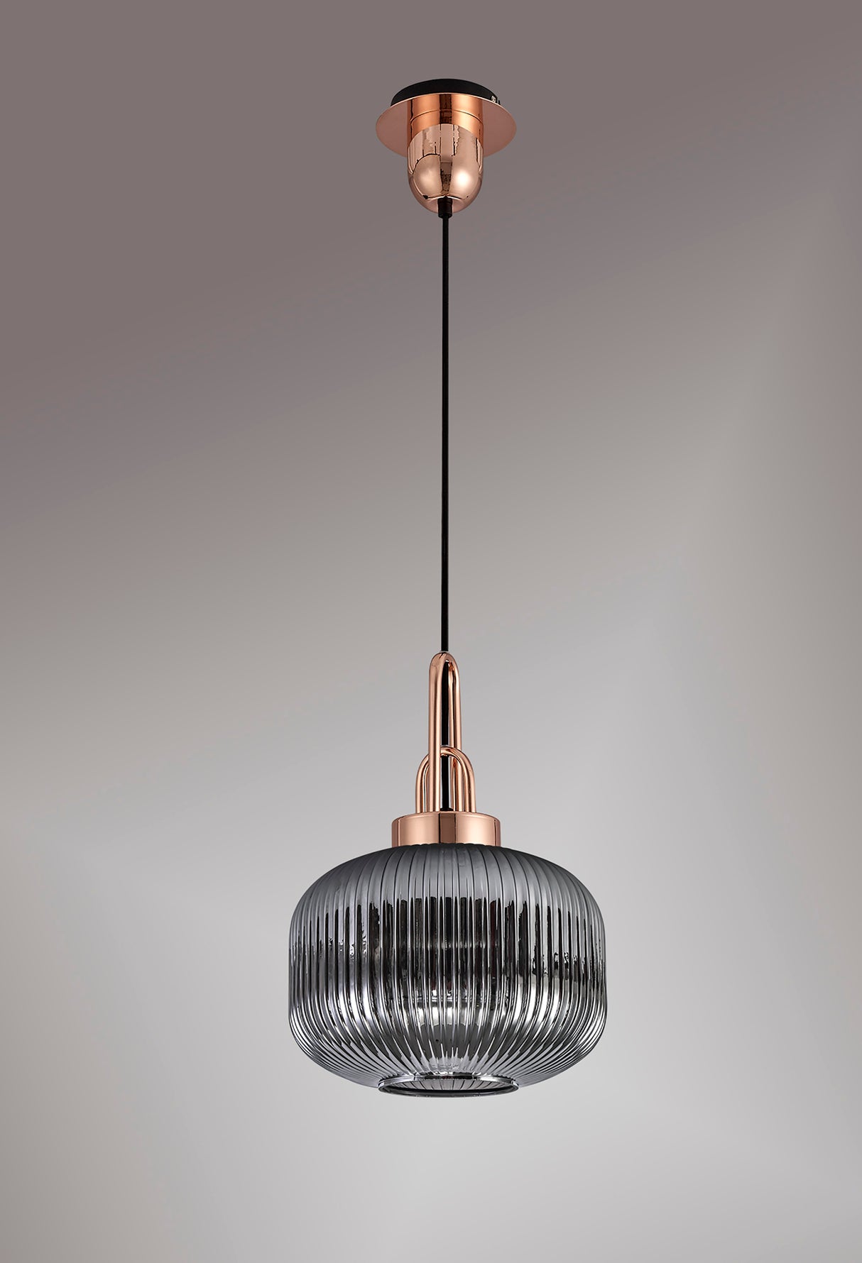 Allardyce 1 Light Pendant E27 With 30cm Pumpkin Shaped Ribbed Glass, Smoked Copper/Matt Black