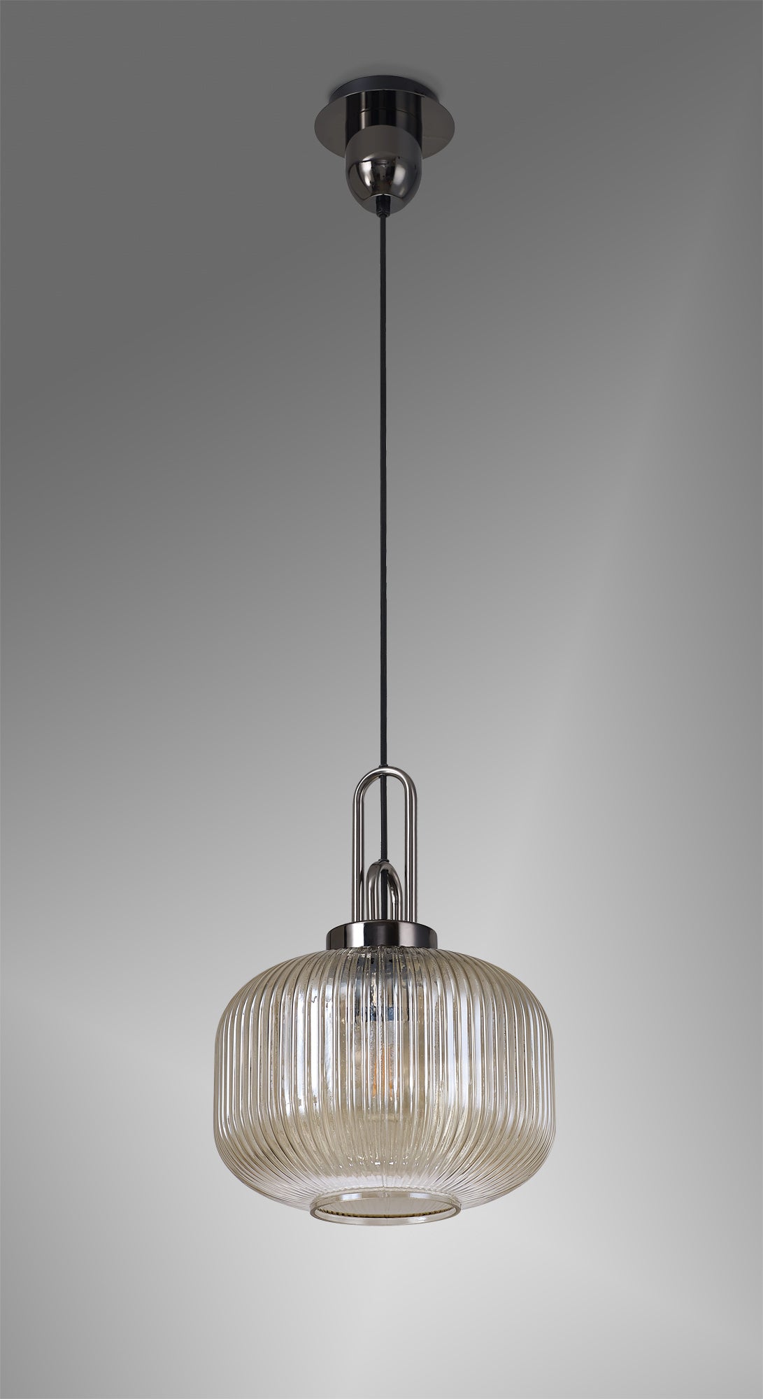Allardyce 1 Light Pendant E27 With 30cm Pumpkin Shaped Ribbed Glass, Champagne Black Chrome/Matt Black