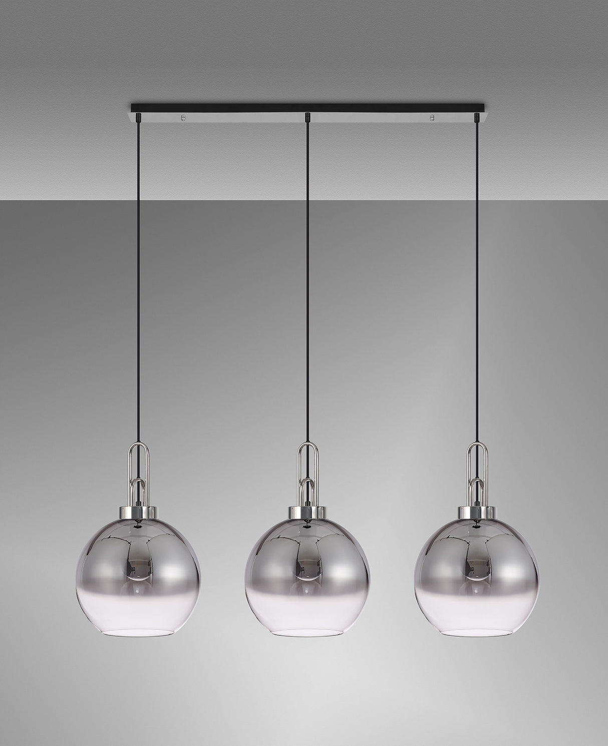 Allardyce Linear 3 Light Pendant E27 With 30cm Globe Glass, Smoked/Clear Polished Nickel/Matt Black