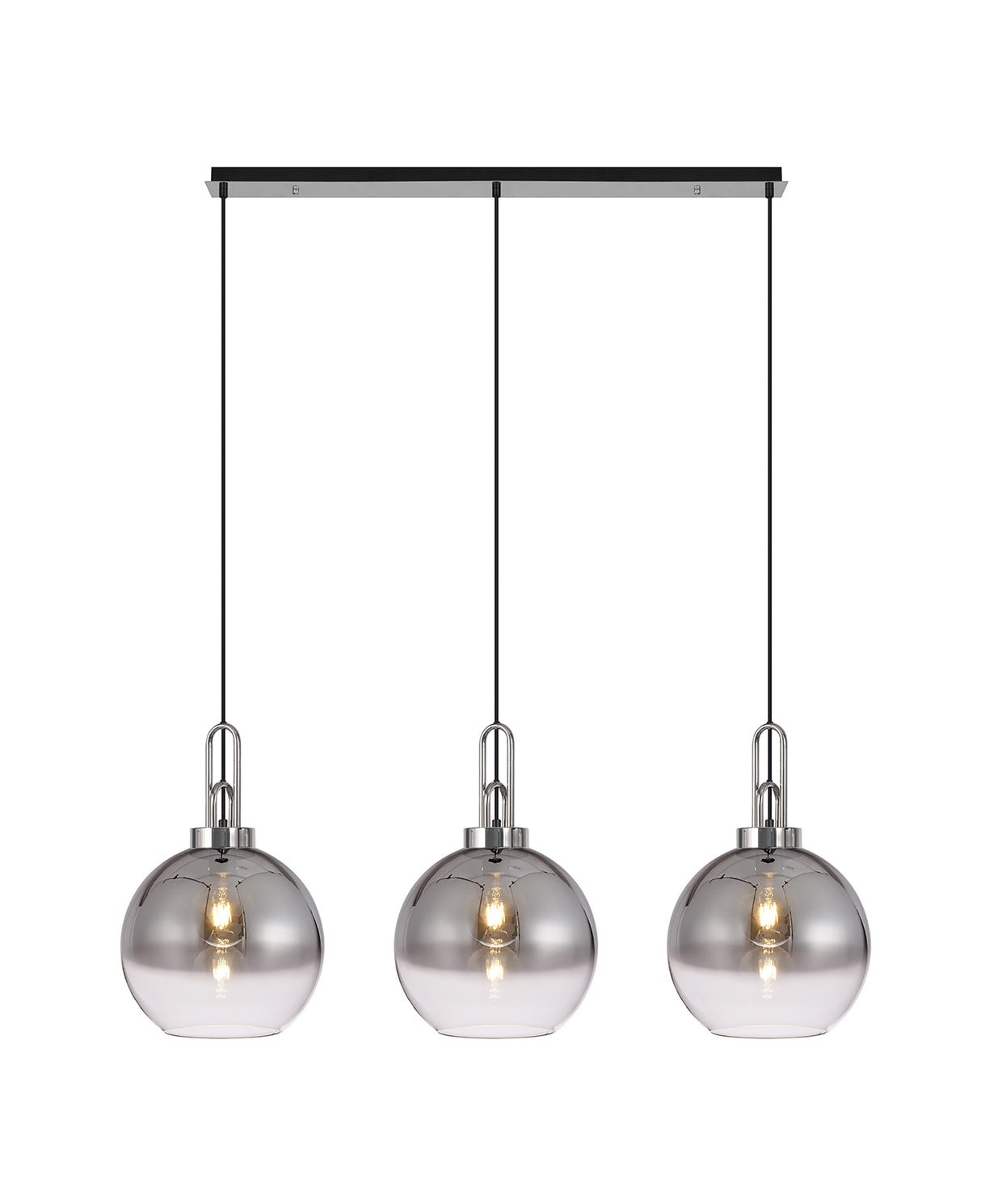 Allardyce Linear 3 Light Pendant E27 With 30cm Globe Glass, Smoked/Clear Polished Nickel/Matt Black