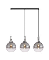 Allardyce Linear 3 Light Pendant E27 With 30cm Globe Glass, Smoked/Clear Polished Nickel/Matt Black