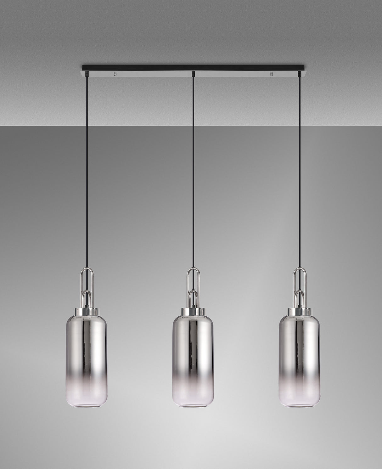 Allardyce Linear 3 Light Pendant E27 With 16cm Cylinder Glass, Smoked/Clear Polished Nickel/Matt Black