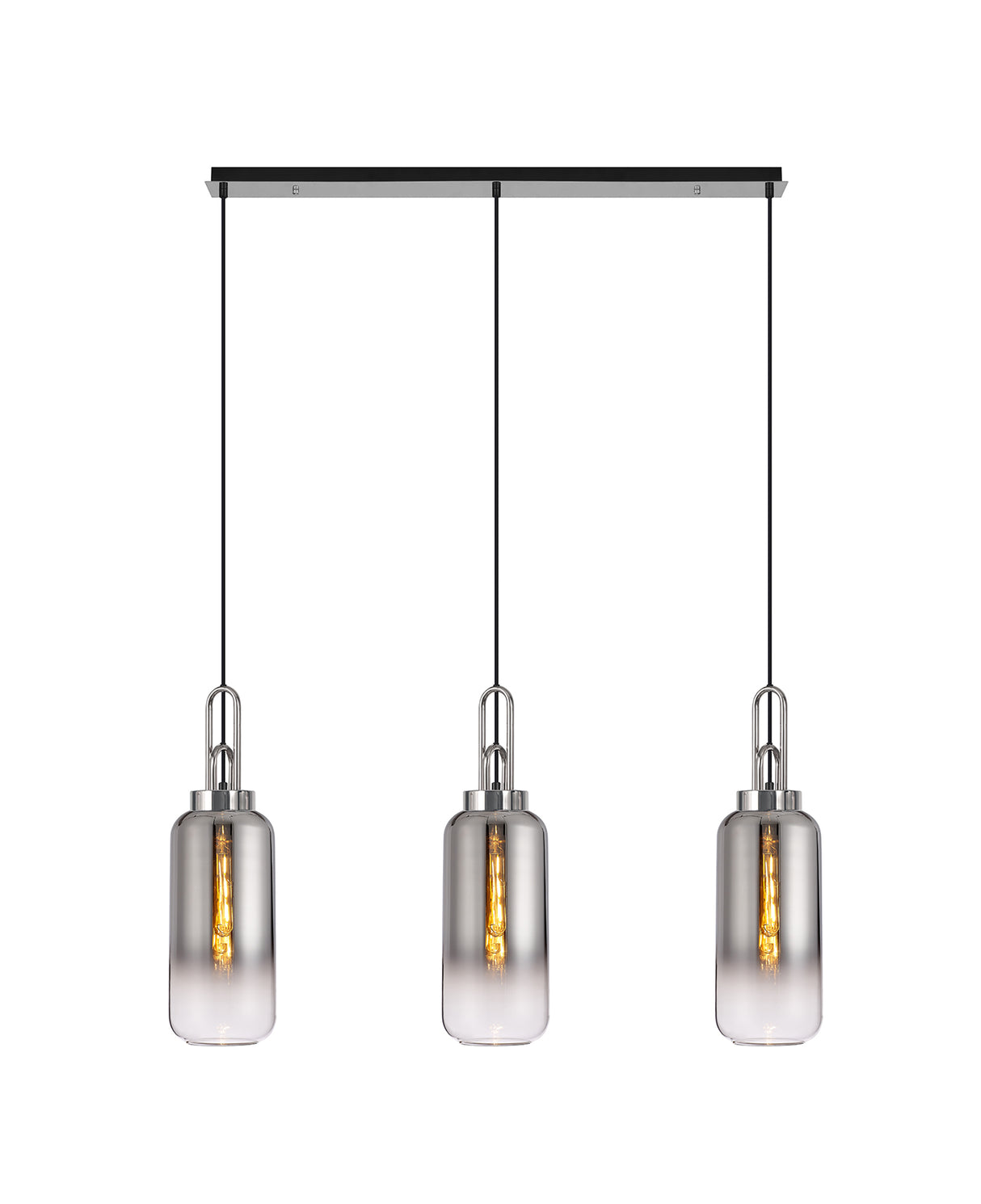 Allardyce Linear 3 Light Pendant E27 With 16cm Cylinder Glass, Smoked/Clear Polished Nickel/Matt Black