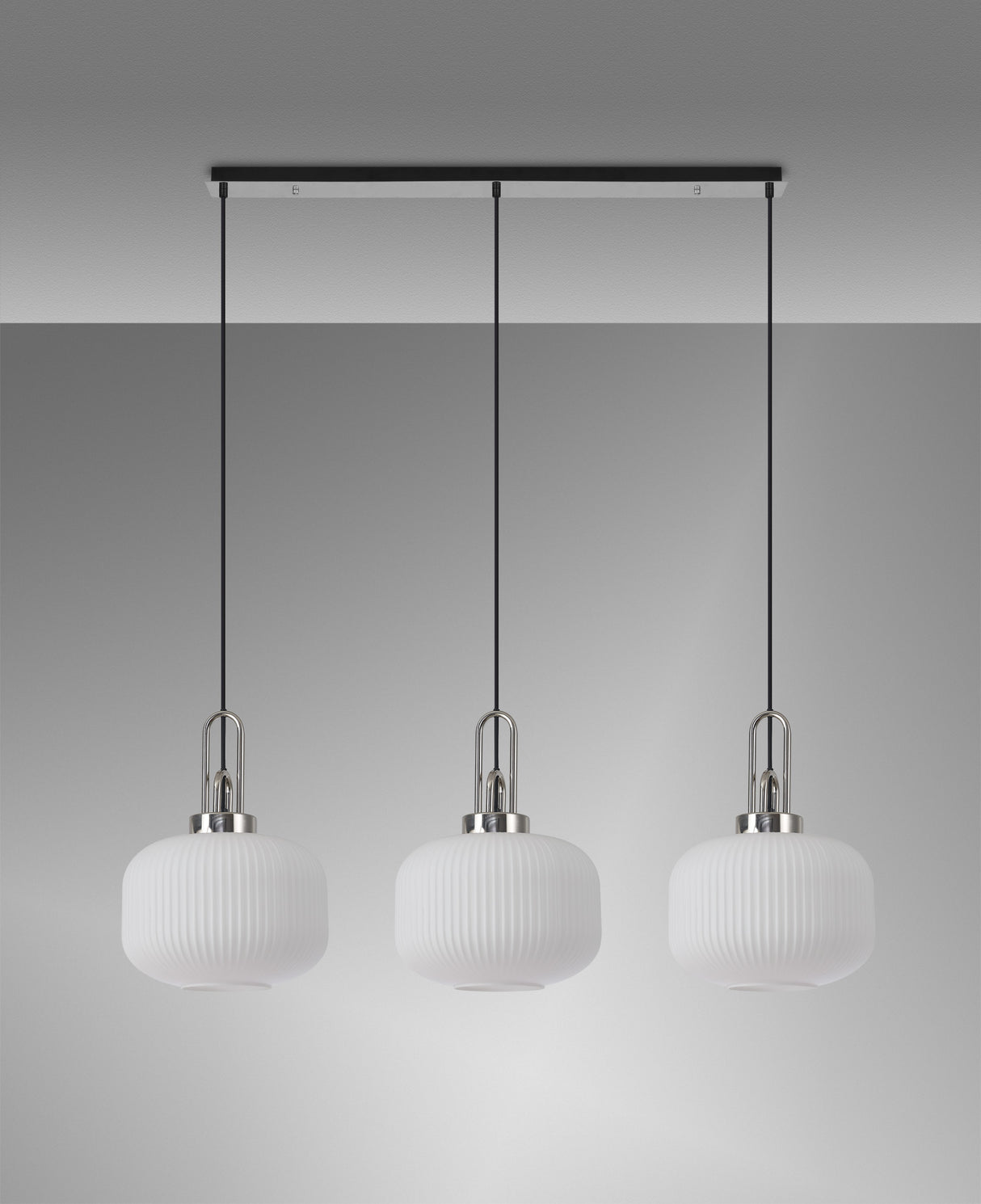 Allardyce Linear 3 Light Pendant E27, Polished Nickel/Matt Black With 30cm Pumpkin Shaped Ribbed Opal Glass