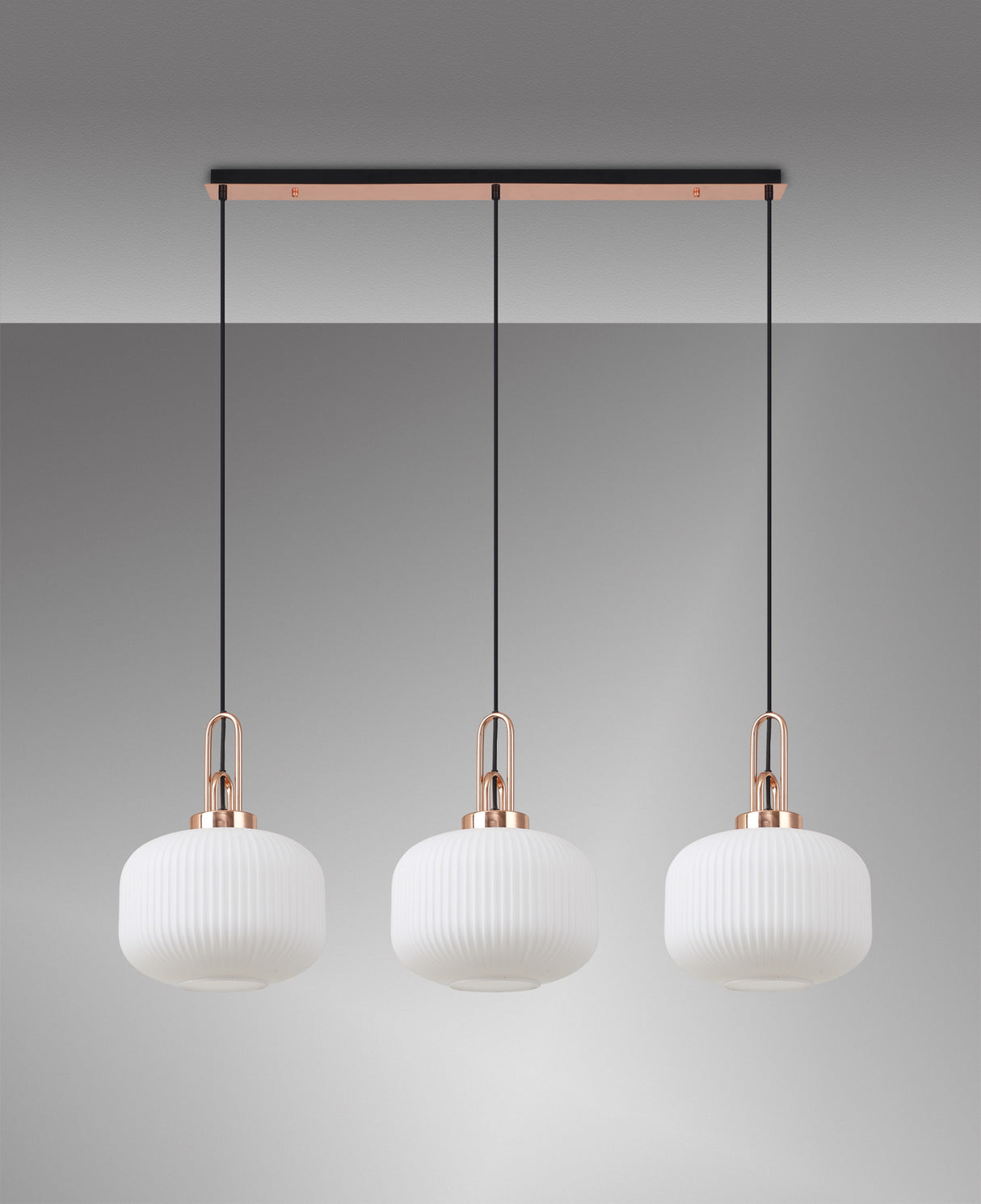 Allardyce Linear 3 Light Pendant E27, Copper/Matt Black With 30cm Pumpkin Shaped Ribbed Opal Glass