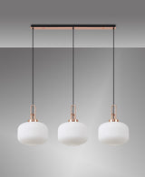 Allardyce Linear 3 Light Pendant E27, Copper/Matt Black With 30cm Pumpkin Shaped Ribbed Opal Glass