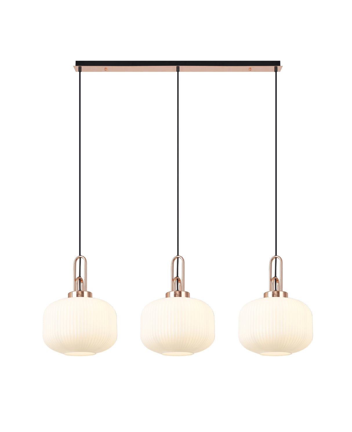 Allardyce Linear 3 Light Pendant E27, Copper/Matt Black With 30cm Pumpkin Shaped Ribbed Opal Glass