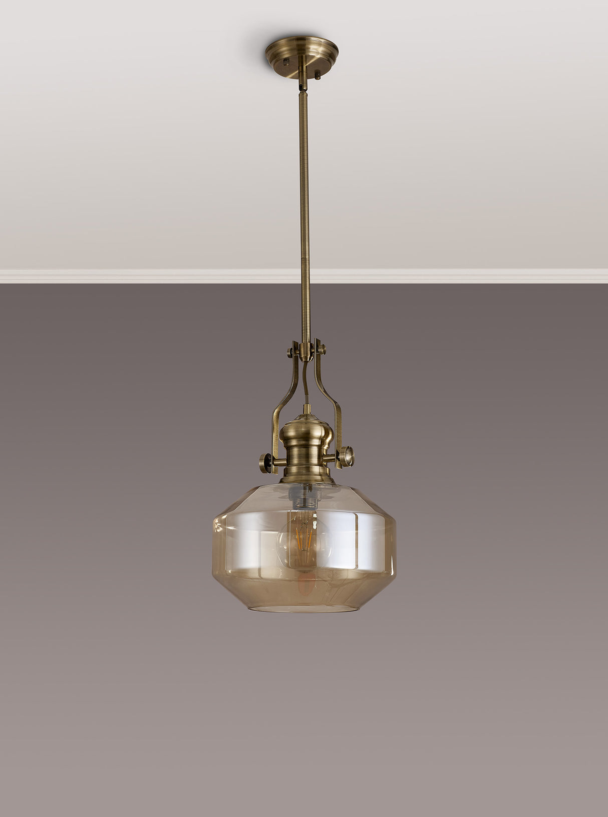 Munro Single Pendant, 1 x E27, Round Champfered Glass, Antique Brass / Cognac