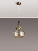 Munro Single Pendant, 1 x E27, Round Champfered Glass, Antique Brass / Cognac