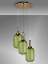 Allardyce 2m Round Pendant 3 Light E27 With 20cm Tubular Ribbed Glass, Brass Gold / Green / Matt Black