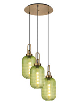 Allardyce 2m Round Pendant 3 Light E27 With 20cm Tubular Ribbed Glass, Brass Gold / Green / Matt Black