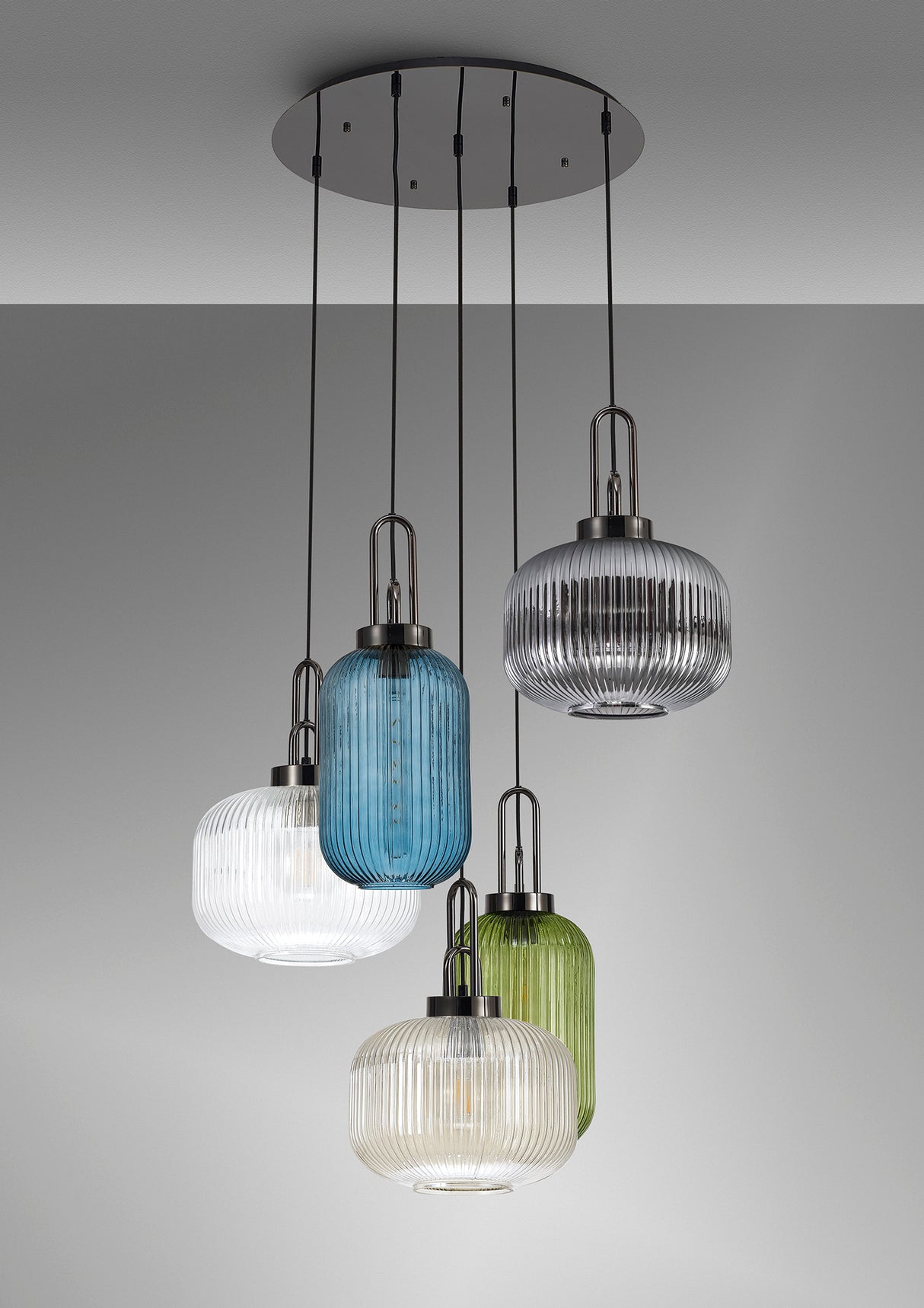 Allardyce 2.5m Round Pendant 5 Light E27  With Various Glasses, Black Chrome/Smoked/Petrol Blue/Green/Clear/Champagne