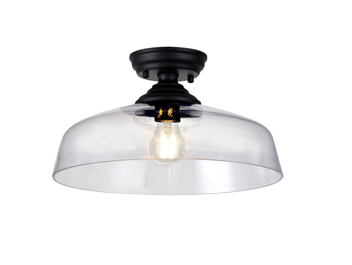 Holloway 1 Light Flush Ceiling E27 With Flat Round 38cm Glass Shade Matt Black/Clear