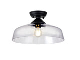 Holloway 1 Light Flush Ceiling E27 With Flat Round 38cm Glass Shade Matt Black/Clear