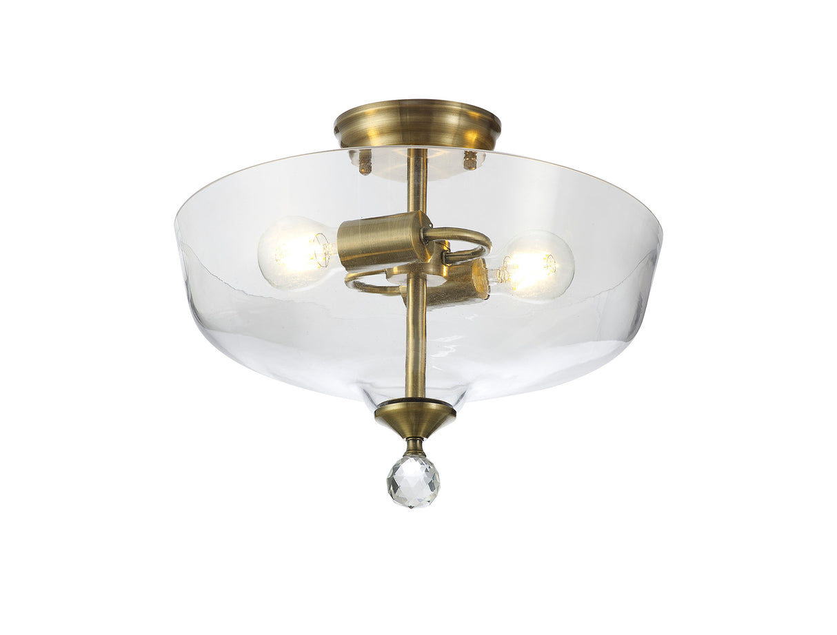 Holloway 2 Light Semi Flush Ceiling E27 With Flat Round 38cm Glass Shade Antique Brass/Clear