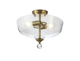 Holloway 2 Light Semi Flush Ceiling E27 With Flat Round 38cm Glass Shade Antique Brass/Clear