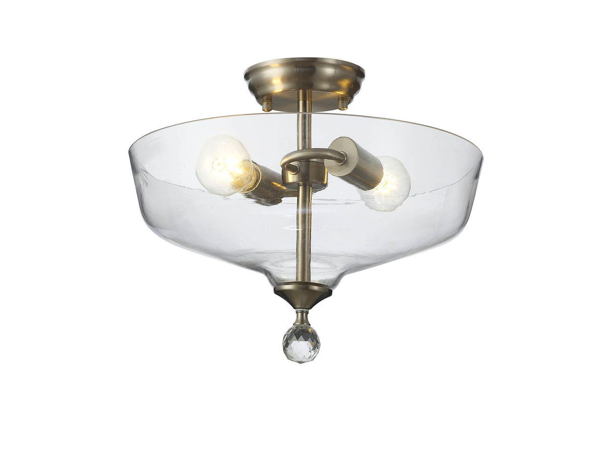 Holloway 2 Light Semi Flush Ceiling E27 With Flat Round 38cm Glass Shade Satin Nickel/Clear