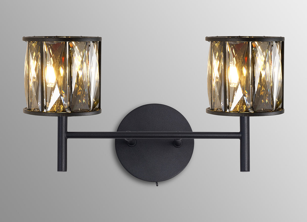 Swindlehirs 2 x G9 Switched Wall Lamp Satin Black/Smoke Crystal Shade