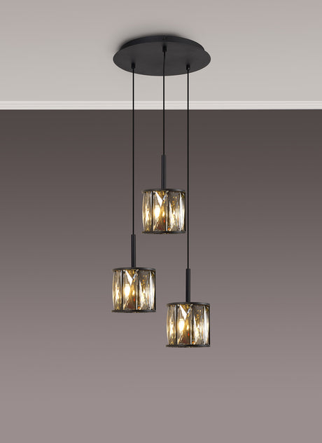 Swindlehirs 3 x G9 2m Round Pendant Satin Black/Smoke Crystal Shade