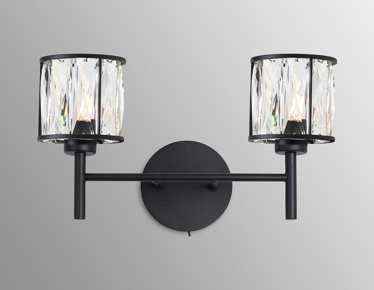 Swindlehirs Satin Black 2 x G9 Switched Wall Lamp With Clear Crystal