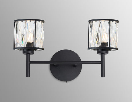 Swindlehirs Satin Black 2 x G9 Switched Wall Lamp With Clear Crystal