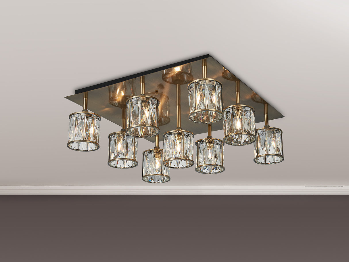 Swindlehirs Antique Brass Square 9 x G9 Flush Light With Clear Crystal