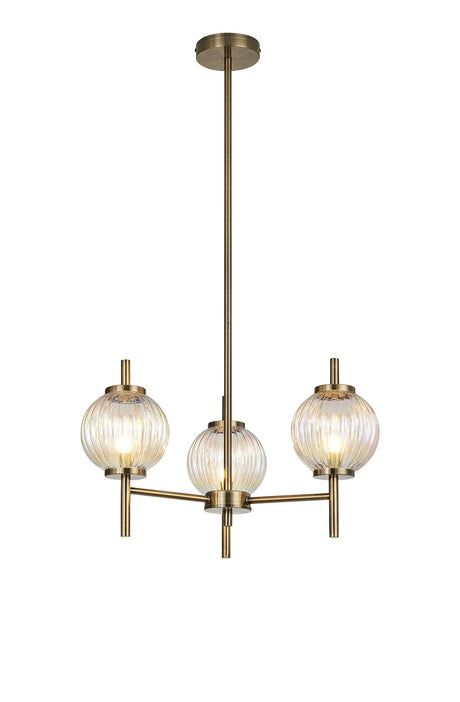 Halom 55cm Multi Height Pendant, 3 x G9, Antique Brass/Light Iridescent Glass