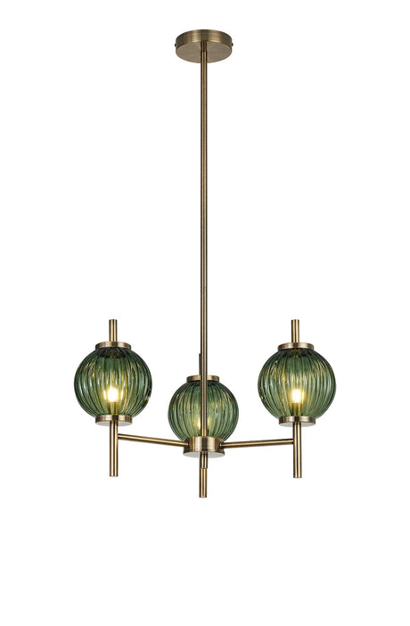 Halom 55cm Multi Height Pendant, 3 x G9, Antique Brass/Moss Green Glass