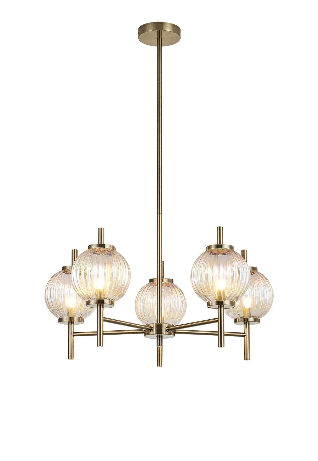 Halom 65cm Multi Height Pendant, 5 x G9, Antique Brass/Light Iridescent Glass