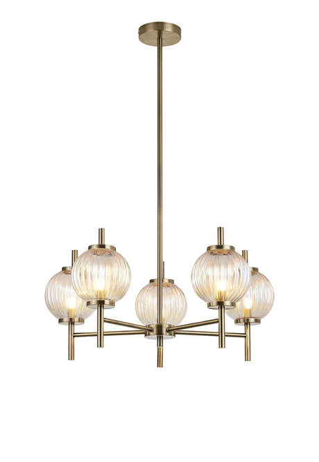 Halom 65cm Multi Height Pendant, 5 x G9, Antique Brass/Light Iridescent Glass