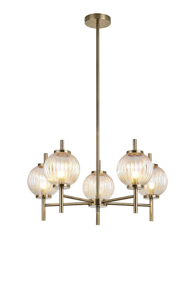 Halom 65cm Multi Height Pendant, 5 x G9, Antique Brass/Light Iridescent Glass