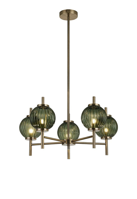 Halom 65cm Multi Height Pendant, 5 x G9, Antique Brass/Moss Green Glass