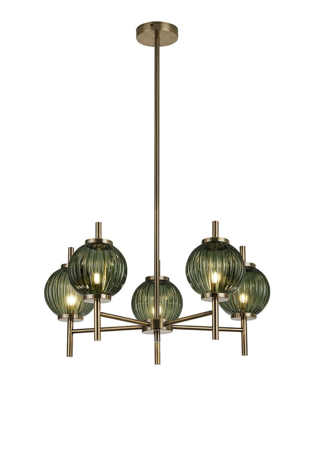 Halom 65cm Multi Height Pendant, 5 x G9, Antique Brass/Moss Green Glass