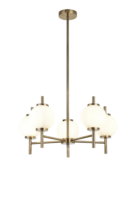 Halom 65cm Multi Height Pendant, 5 x G9, Antique Brass/Opal Glass