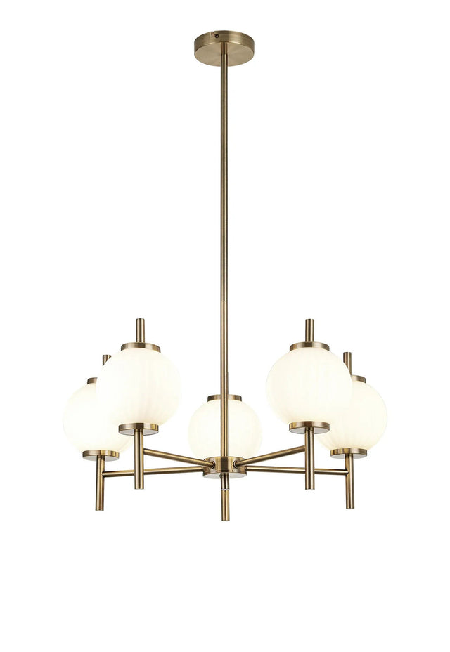 Halom 65cm Multi Height Pendant, 5 x G9, Antique Brass/Opal Glass