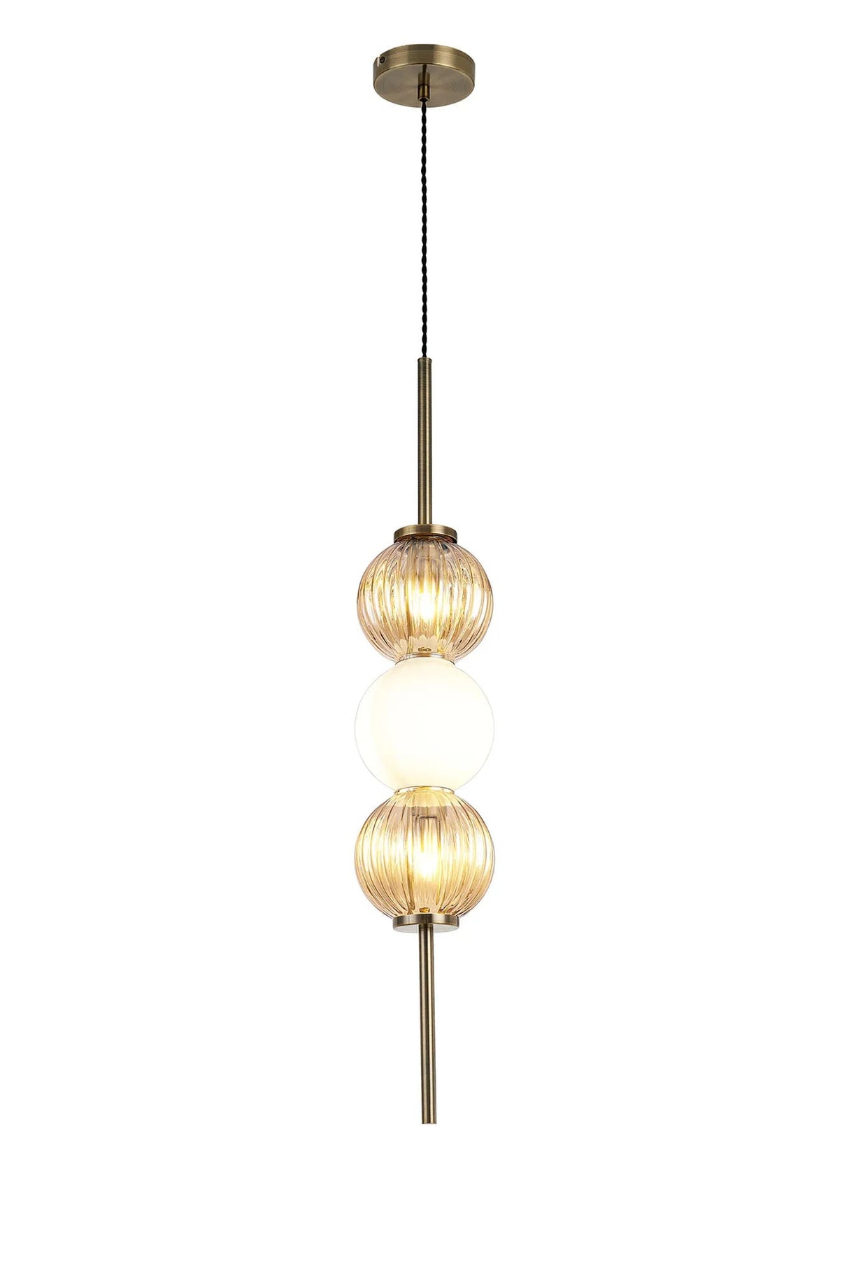 Halom 15cm Pendant, 3 x G9, Antique Brass/Amber/Opal Glass