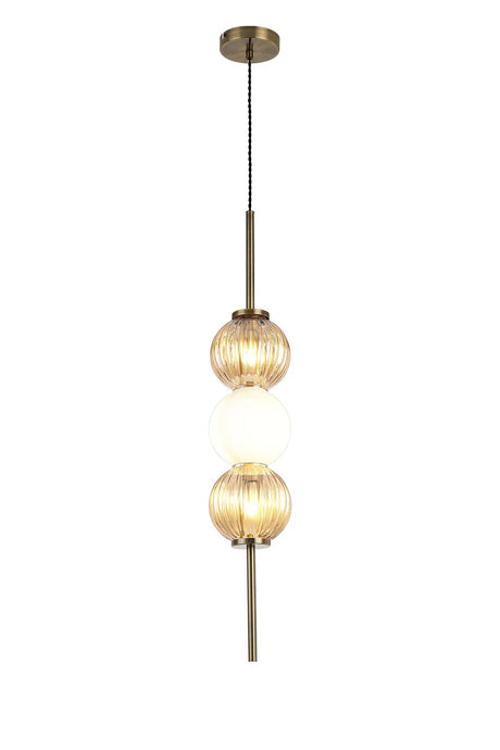 Halom 15cm Pendant, 3 x G9, Antique Brass/Amber/Opal Glass