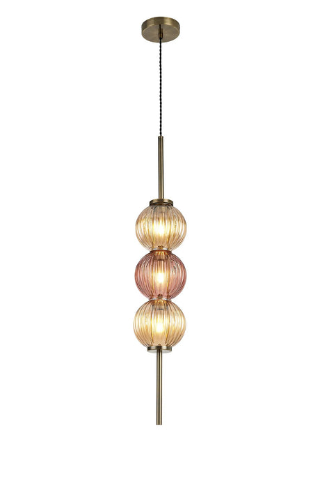 Halom 15cm Pendant, 3 x G9, Antique Brass/Amber/Blush Pink Glass