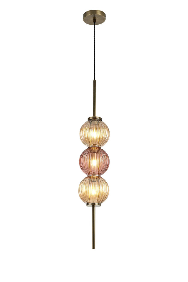Halom 15cm Pendant, 3 x G9, Antique Brass/Amber/Blush Pink Glass
