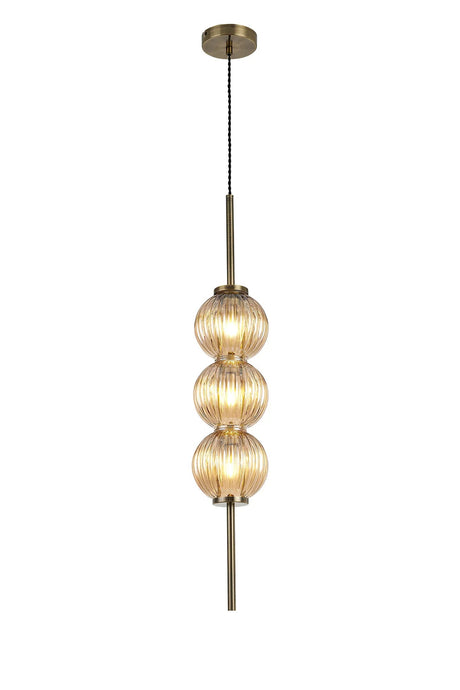 Halom 15cm Pendant, 3 x G9, Antique Brass/Amber Glass