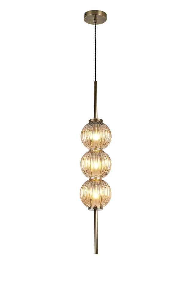 Halom 15cm Pendant, 3 x G9, Antique Brass/Amber Glass