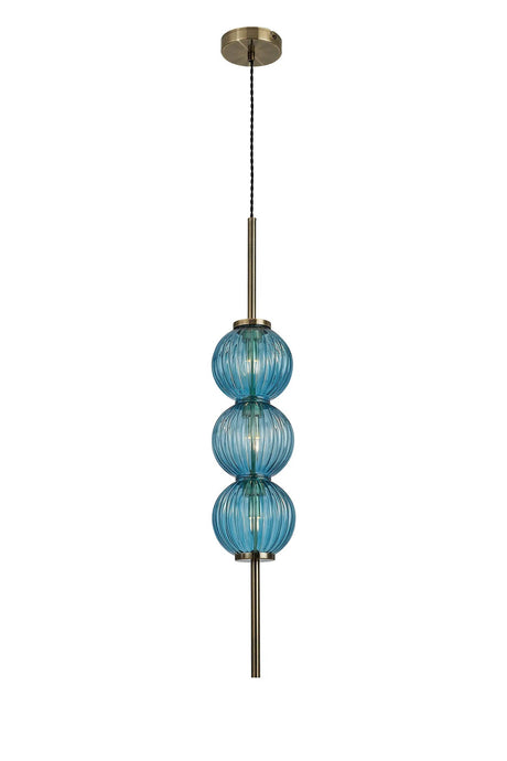 Halom 15cm Pendant, 3 x G9, Antique Brass/Blue Glass