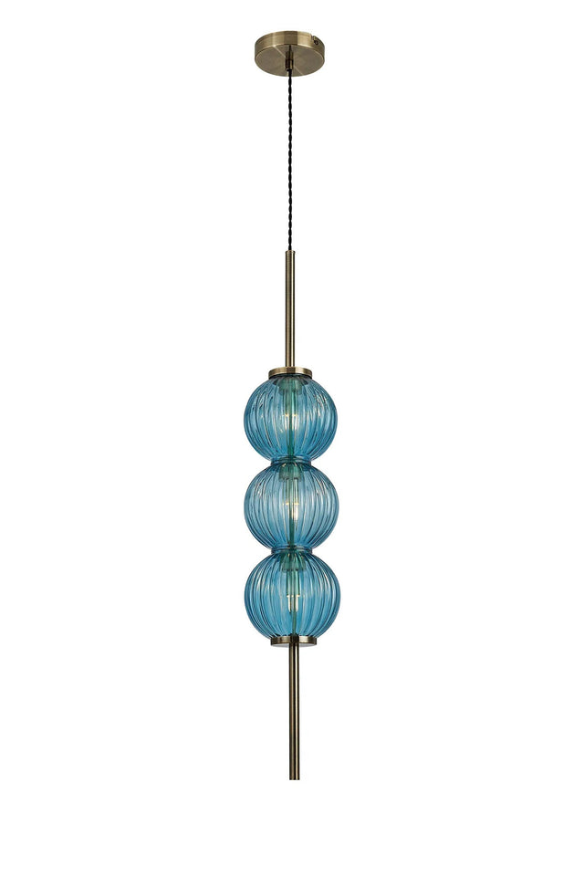 Halom 15cm Pendant, 3 x G9, Antique Brass/Blue Glass